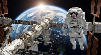 Astronauta con traje espacial blanco, Estación Espacial Internacional blanca con paneles solares, el planeta Tierra y el Sol en el espacio oscuro.