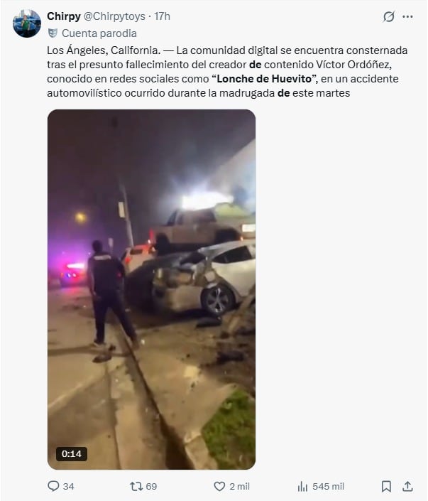 Vehículos dañados en el lugar del accidente automovilístico donde presuntamente falleció el creador de contenido