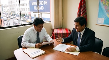 Dos hombres con camisa y corbata sentados a una mesa con papeles. Un cartel de Ministerio de Trabajo y un mapa de Perú son visibles al fondo.
