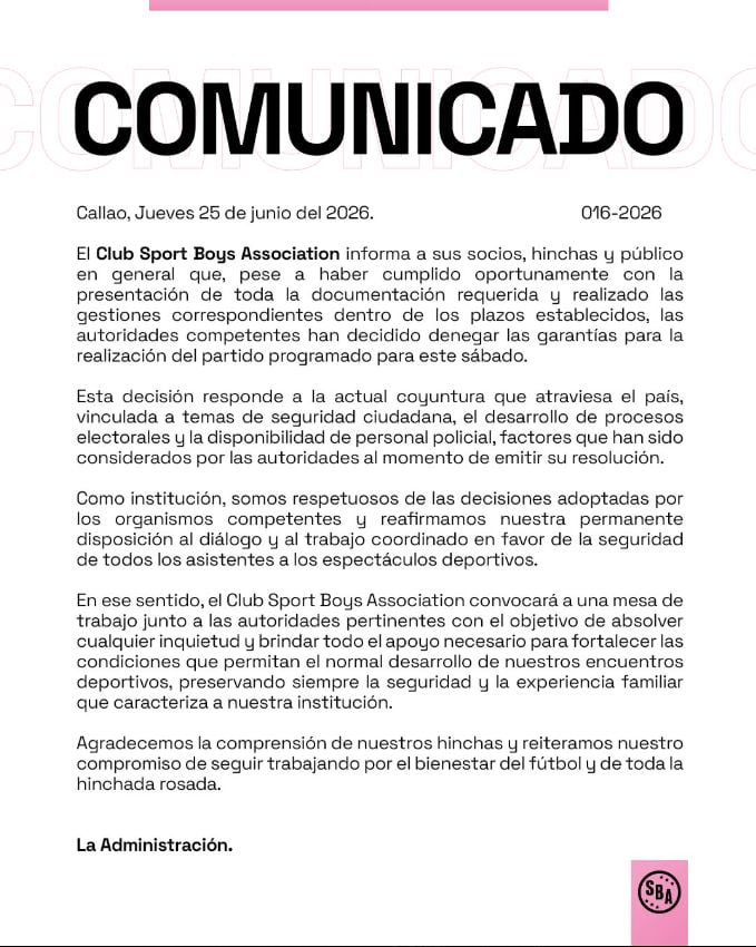 Sport Boys confirmó que el partido frente a Cantolao quedó sin garantías para disputarse este sábado. La decisión fue comunicada por las autoridades pese a que el club aseguró cumplir los requisitos. (Sport Boys)