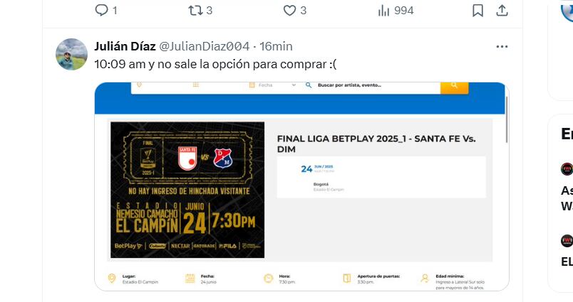 Quejas en redes sociales de hinchas de Santa Fe por no conseguir boletas para la final contra Independiente Medellín - crédito Redes sociales