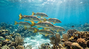 Varios peces de aletas amarillas nadan en grupo junto a un arrecife de coral en agua azul clara.