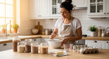Una mujer con delantal mezcla ingredientes en un bol blanco en una cocina luminosa. Sobre la mesada hay frascos con harinas, huevos en cartón y mantequilla.