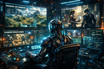Vista trasera de una IA robótica frente a pantallas futuristas mostrando desarrollo de videojuegos: mapas procedurales, simulación de personajes y pruebas automáticas.