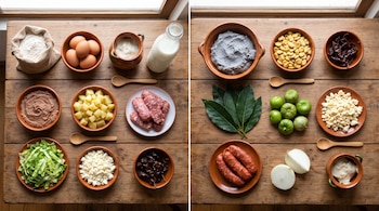 Vista cenital de dos secciones con cuencos de barro y platos que contienen masa, granos, verduras, embutidos y especias sobre madera.