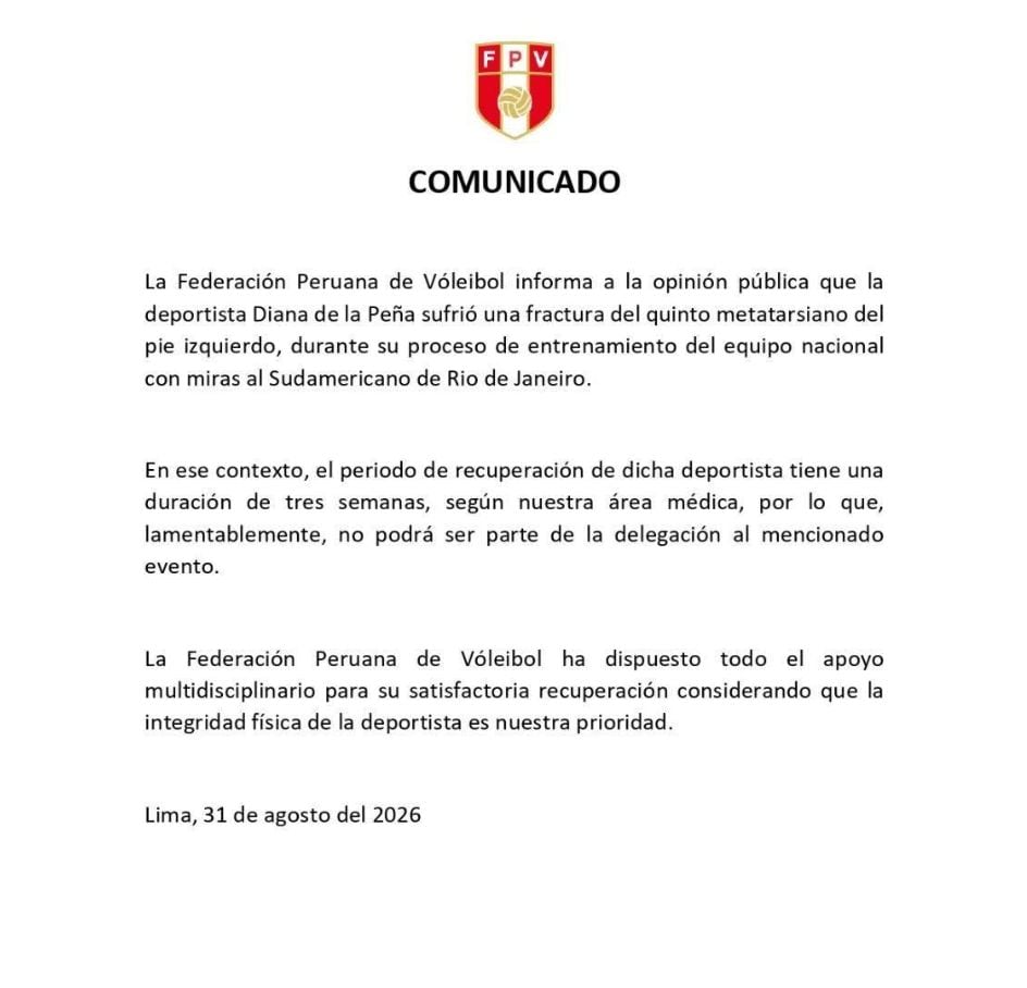 La FPV confirmó que Diana de la Peña sufrió una fractura del quinto metatarsiano del pie izquierdo durante los entrenamientos y tendrá tres semanas de recuperación, por lo que quedó fuera del Sudamericano. (Federación Peruana de Vóley)