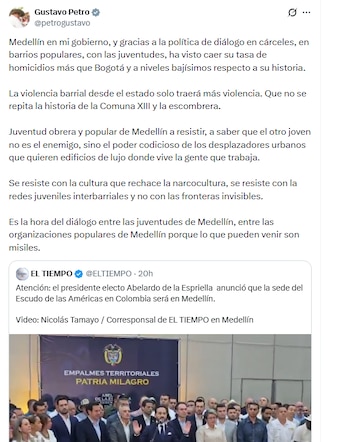 El presidente de la República señaló que, durante su gobierno, la tasa de homicidios en la capital de Antioquia cayó gracias a la política de diálogo en cárceles, en barrios populares y con las juventudes - crédito @petrogustavo/X