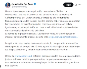 El gobernador Jorge Emilio Rey Ángel aseguró que la aplicación está alojada en el Portal 360 de la Secretaría de Movilidad Contemporánea de la Gobernación de Cundinamarca - crédito @JorgeEmilioRey/X