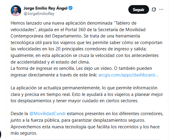 El gobernador Jorge Emilio Rey Ángel aseguró que la aplicación está alojada en el Portal 360 de la Secretaría de Movilidad Contemporánea de la Gobernación de Cundinamarca - crédito @JorgeEmilioRey/X