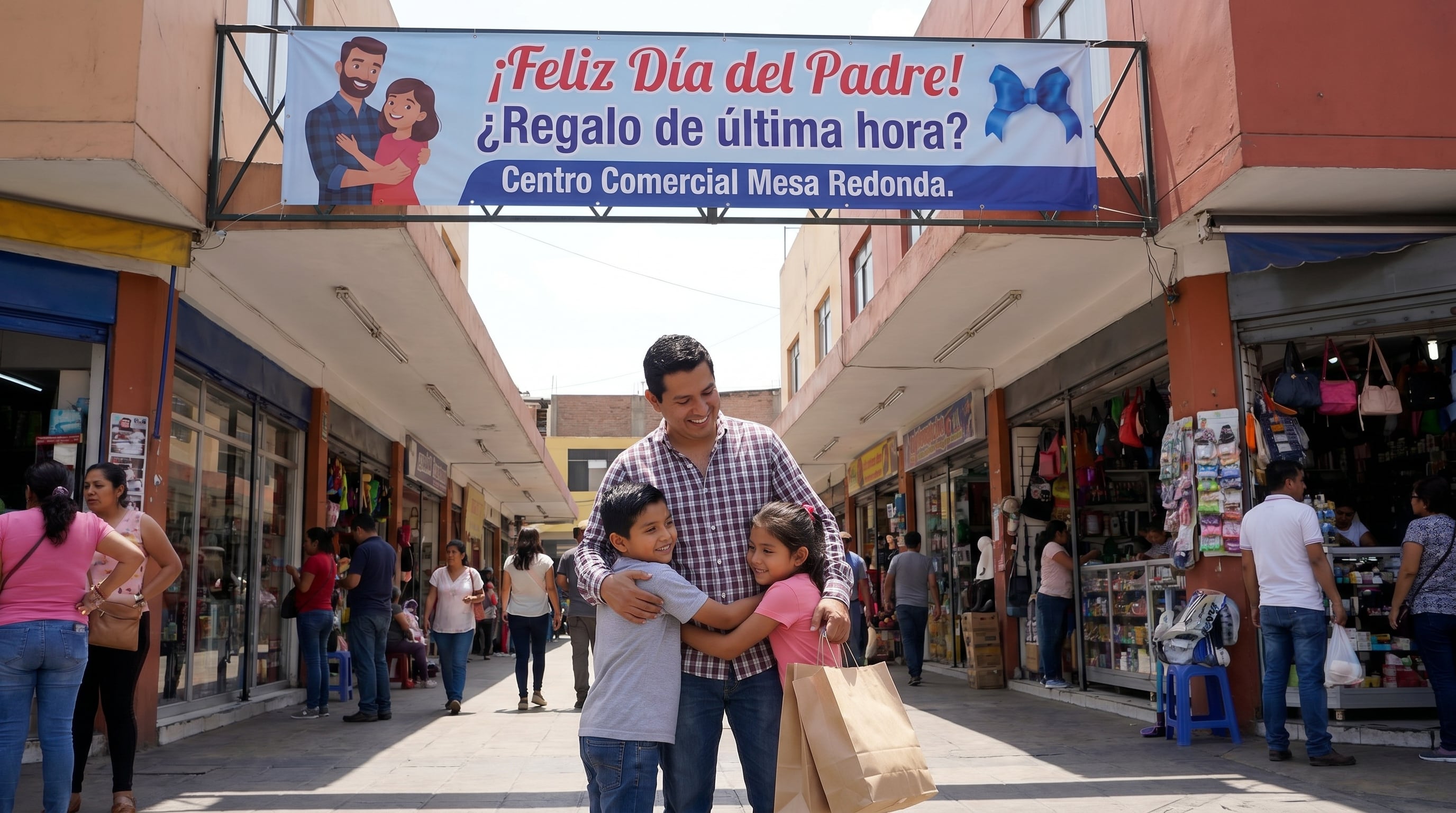 Un padre sonriente abraza a sus hijos en el Centro Comercial Mesa Redonda, aprovechando las ofertas de última hora para el Día del Padre bajo un banner promocional. (Imagen Ilustrativa Infobae)