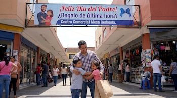 Un padre y dos hijos se abrazan sonrientes en una calle comercial con tiendas a los lados. Un cartel grande de "Feliz Día del Padre" cuelga sobre ellos.