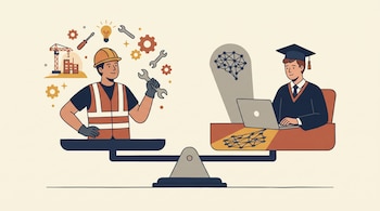 Ilustración de una balanza con un operario con casco a la izquierda y un graduado en toga con una computadora portátil a la derecha.