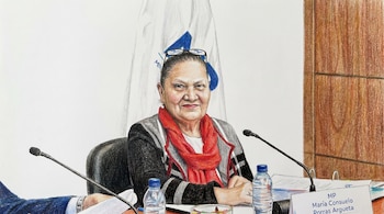 Dibujo a color de Consuelo Porras sentada en una mesa de conferencia, con gafas en la cabeza, bufanda roja y chaqueta oscura, frente a micrófonos.