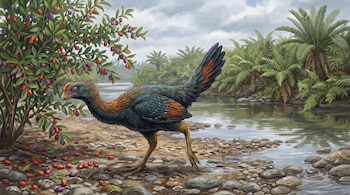 Un animal emplumado camina sobre piedras junto a un arroyo, cerca de un arbusto con frutos rojizos y una orilla con helechos.