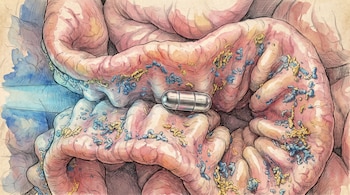 Ilustración en acuarela de los pliegues del intestino con una cápsula transparente en el centro y pequeñas bacterias en sus paredes.