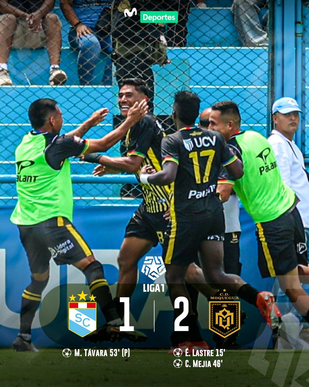 Jugadores de Moquegua celebran su victoria por 2-1 sobre Sporting Cristal en el partido de la fecha 9 de la Liga 1 2026. (Movistar Deportes)