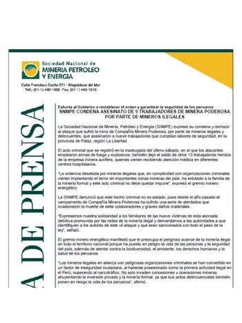 SNMPE se pronuncia frente a