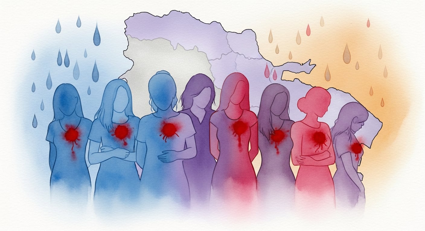 Siete siluetas femeninas, con heridas abstractas en el corazón, se alzan en actitud de recogimiento frente a un mapa difuso de República Dominicana, bajo un cielo de gotas que sugieren luto y memoria. (Imagen Ilustrativa Infobae)