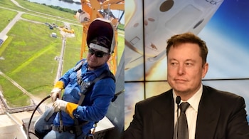 Imagen dividida: un soldador con equipo de seguridad en una estructura elevada y Elon Musk de traje frente a una pantalla con imagen de cohete.