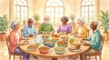 Ilustración de seis adultos mayores sonrientes, sentados alrededor de una mesa de madera redonda con una comida variada y equilibrada, en una habitación luminosa.