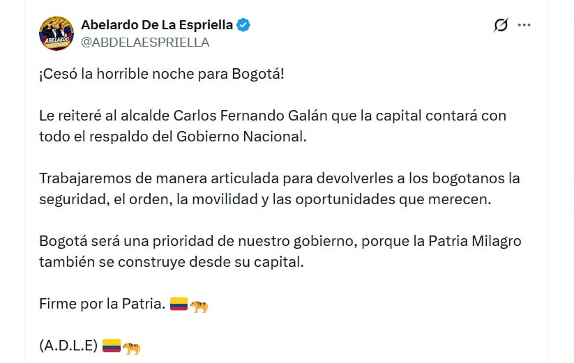 Publicación del nuevo mandatario de los colombianos en respaldo a Bogotá - crédito Abelardo De La Espriella / X