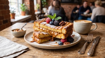 Tostadas francesas rellenas de dulce de leche con frutos rojos, una taza de café, cubiertos y un recipiente pequeño sobre una mesa de madera.
