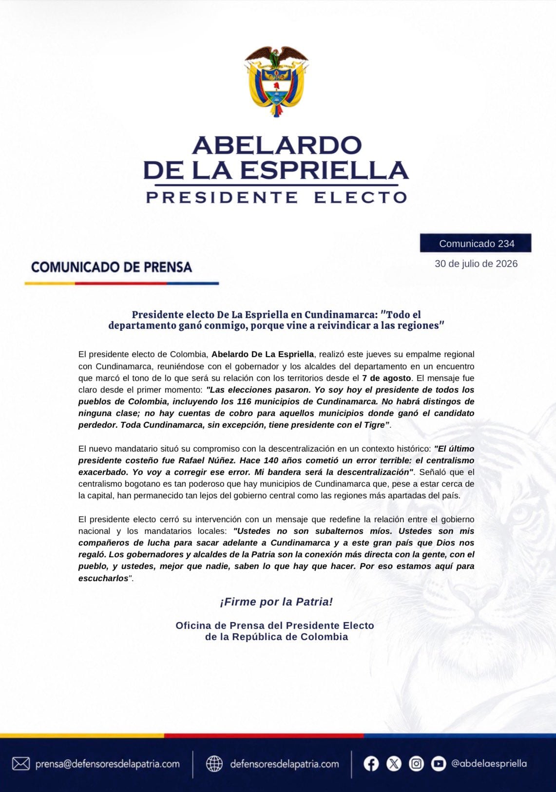 Este fue el mensaje que emitió el presidente electo tras su encuentro con mandatarios de Cundinamarca - crédito Prensa Abelardo de la Espriella