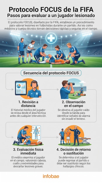 Infografía del Protocolo FOCUS de la FIFA con cuatro pasos: revisión a distancia, observación en campo, evaluación física y decisión de retorno o sustitución.