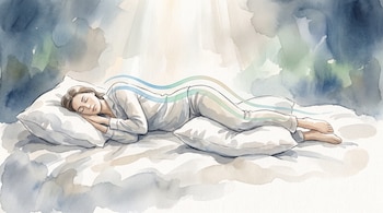 Ilustración de una persona durmiendo de costado en una cama con dos almohadas, una bajo la cabeza y otra entre las rodillas, con líneas curvas que marcan la postura.
