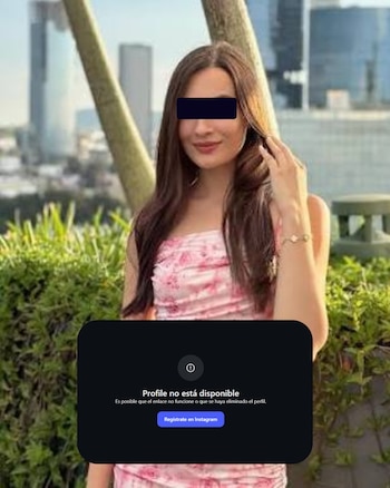 Fotografía de una mujer con franja negra sobre los ojos y un aviso superpuesto que indica que el perfil no está disponible