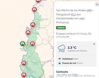 Mapa de la frontera argentina y chilena. Ventana con estado del paso San Martín de los Andes: abierto, 2.3°C, llovizna, 15 km de visibilidad
