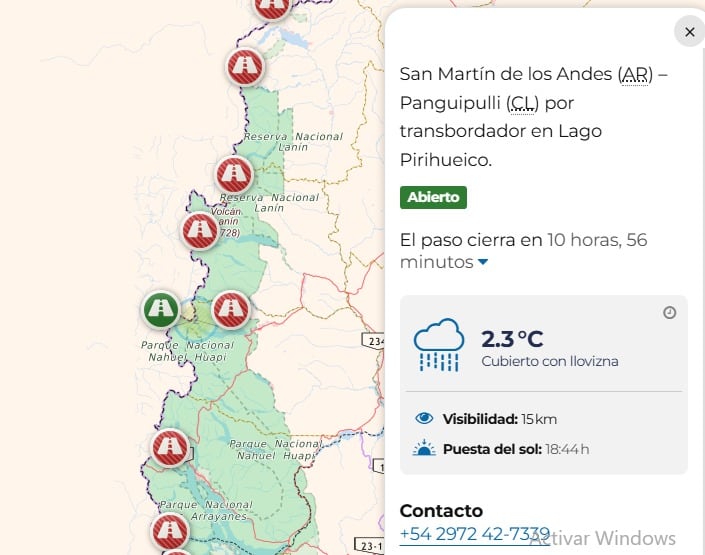 Un mapa interactivo muestra información detallada del paso fronterizo San Martín de los Andes-Panguipulli, incluyendo su estado actual, el tiempo y la visibilidad (Argentina.gob.ar)