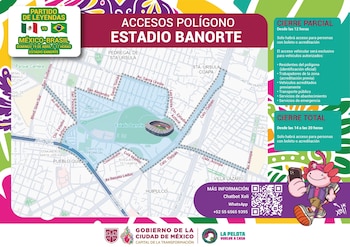 Mapa de acessos e vias interditadas no entorno do estádio Banorte para a partida México x Brasil, com detalhes do evento e foto de um axolote