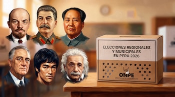 Ilustración con retratos de Lenin, Stalin, Mao, Roosevelt, Bruce Lee y Einstein junto a un ánfora electoral con texto de la ONPE.