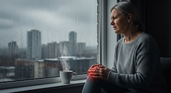 Mujer adulta de cabello gris sentada junto a una ventana con gotas de lluvia. Toca su rodilla izquierda, que muestra una zona rojiza. Taza humeante en el alféizar, ciudad de fondo.