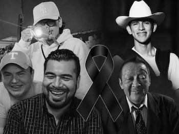 Composición en blanco y negro con los retratos de cinco hombres y un lazo negro ubicado en el centro.