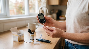 Primer plano de una persona usando un glucómetro OneTouch Verio en una cocina. Se ven la tira reactiva, una lanceta, hisopos de alcohol y botes de tiras.