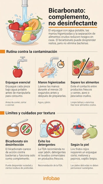 Infografía con ilustraciones de frutas bajo agua corriente, lavado de manos, alimentos separados, bicarbonato, detergentes tachados y cepillado.