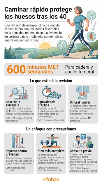 Infografía con la ilustración de una mujer caminando, esquemas de la columna vertebral y bloques informativos sobre ejercicio físico.