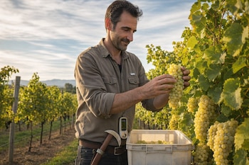 Hombre barbudo en camisa caqui sostiene racimos de uvas Chardonnay sobre un cubo en un viñedo. Viste pantalones oscuros y tiene un podón en el cinturón.