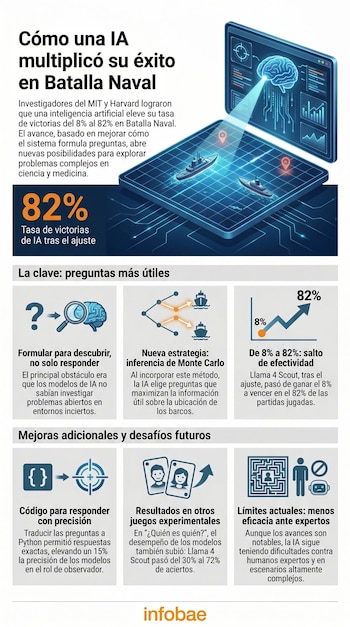 Folleto digital con pantallas mostrando un cerebro, gráficos de datos, barcos en un mapa y un medidor de porcentaje del 8% al 82%, ilustrando el avance de una IA