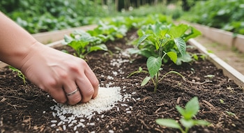 Primer plano de una mano esparciendo granos de arroz crudo sobre tierra oscura junto a pequeñas plantas verdes en un huerto elevado.