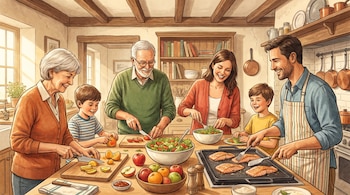 Ilustración de familia multigeneracional cocinando en cocina: abuelos, padres e hijos cortan frutas, mezclan ensaladas y cocinan filetes de pescado.