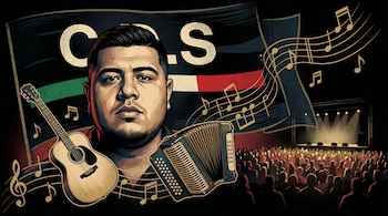 Ilustración de El Gabito con barba escasa, frente al logo C.D.S. y una bandera tricolor. Hay una guitarra, un acordeón, notas musicales y un concierto con público.