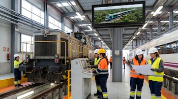 Un grupo de ingenieros y técnicos con chalecos de seguridad inspeccionan trenes en un hangar, mientras una pantalla grande muestra un Tren Maya.