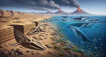 Ilustración de fósiles de ballenas en desierto y ballenas vivas en océano azul con vida marina colorida. Volcanes en erupción en el fondo.