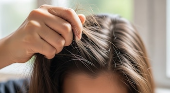 Primer plano de una mano sujetando firmemente un mechón de cabello castaño oscuro, mientras el cuero cabelludo es visible debajo.