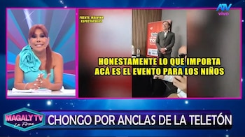 Captura del programa Magaly TV La Firme con la conductora en el lado izquierdo y un video con un organizador de la Teletón a la derecha