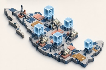 Mapa tridimensional de México compuesto por bloques, tarjetas de crédito, torres de extracción, fajos de dinero y cubos de hielo con candados.