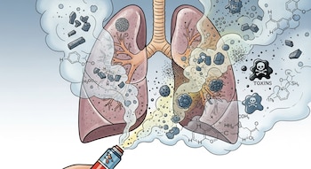 Ilustración de pulmones humanos recibiendo vapor de un cigarrillo electrónico, con nubes de partículas grises, formas químicas y símbolos de toxicidad.